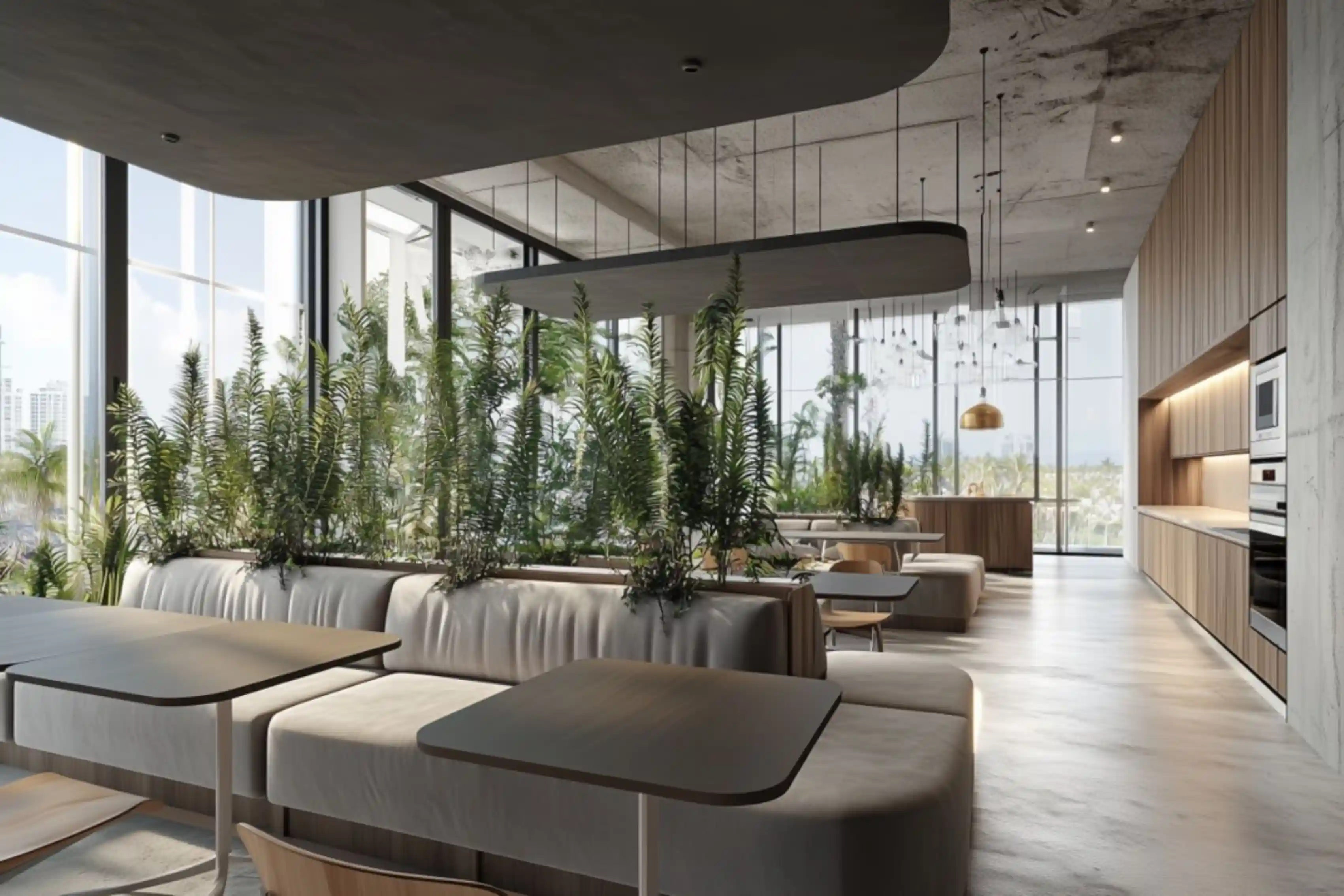 Claure Corporate Project - Biophilic lounge area with curved concrete planter and modern seating - Ai Spaces.webp